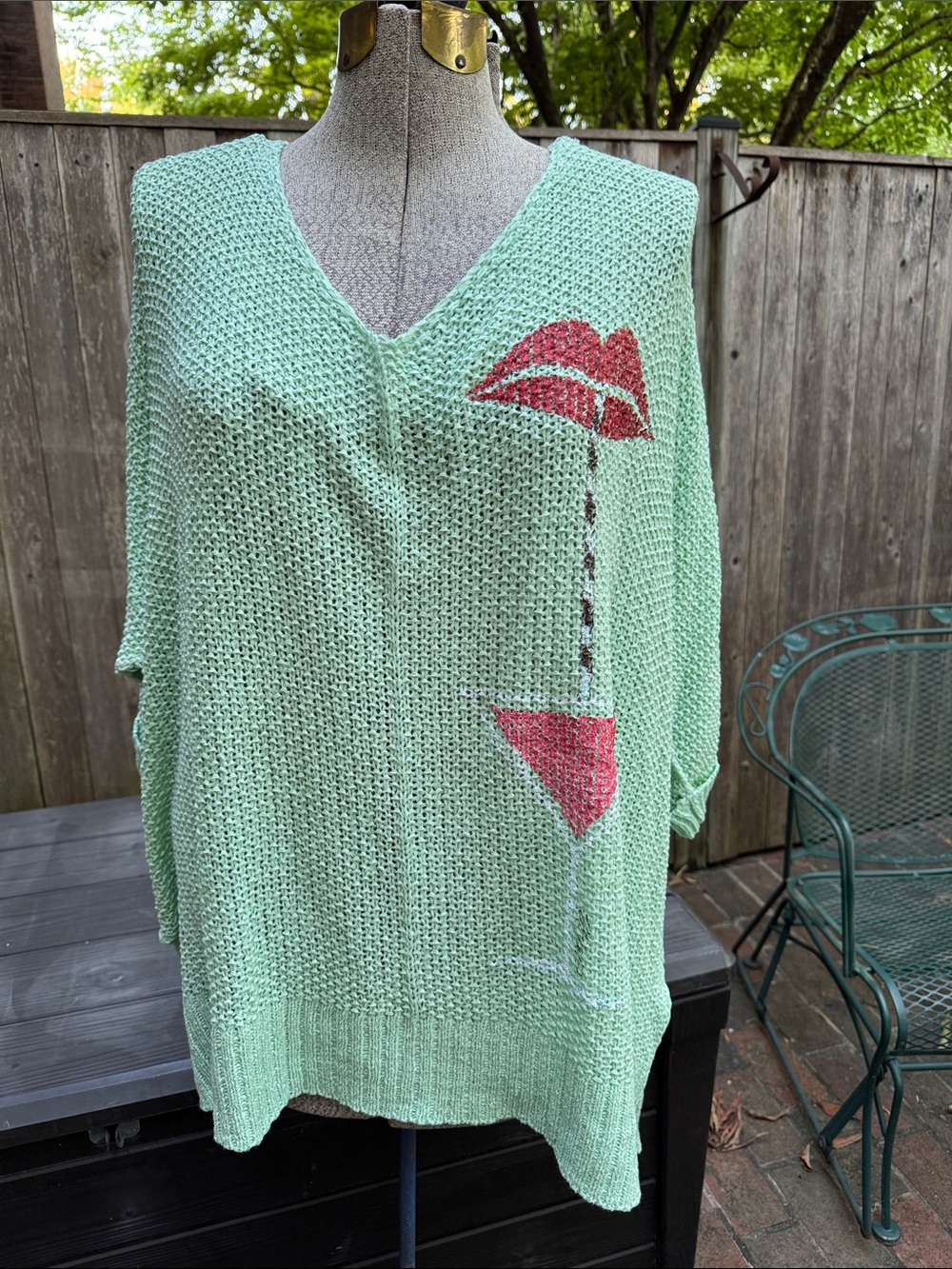 Mint Green V-Neck Women's Sweater or Cover Up with Pink